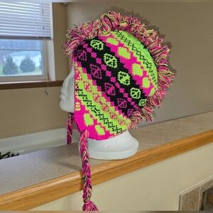 Peruvian Chullo Style Tobaggon (beanie stocking cap) with a Mohawk of Fringe